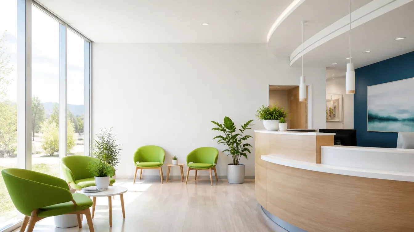 Bright, calm reception area of a modern community medical lab