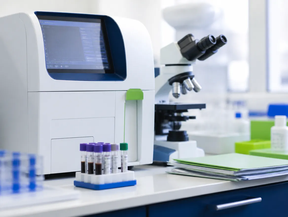 Laboratory bench with analyzer and microscope