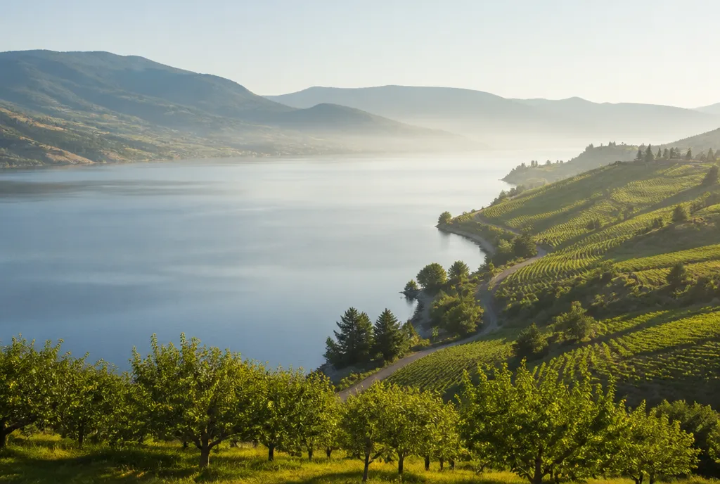 Okanagan Valley — lake, vineyards, and orchard hills in soft morning light