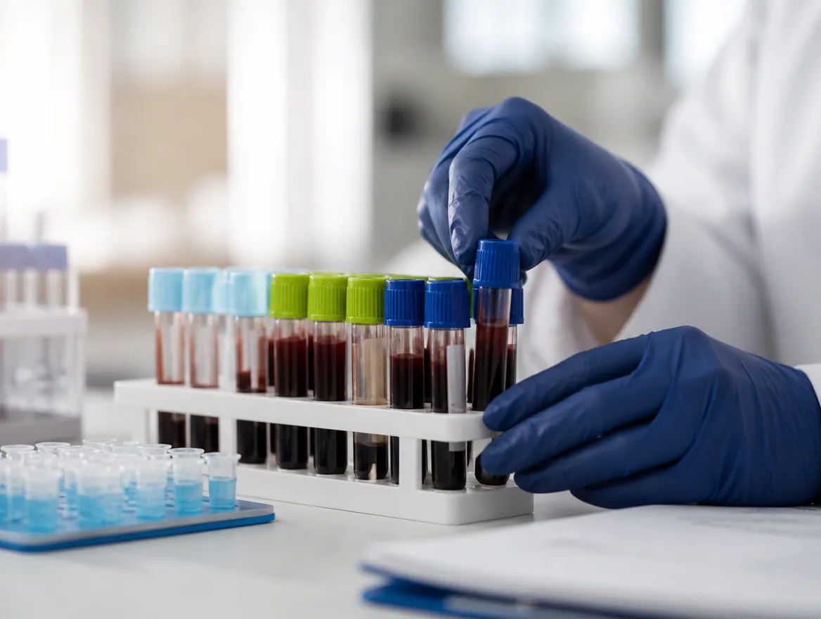 Gloved hands arranging colour-capped blood collection tubes in a rack