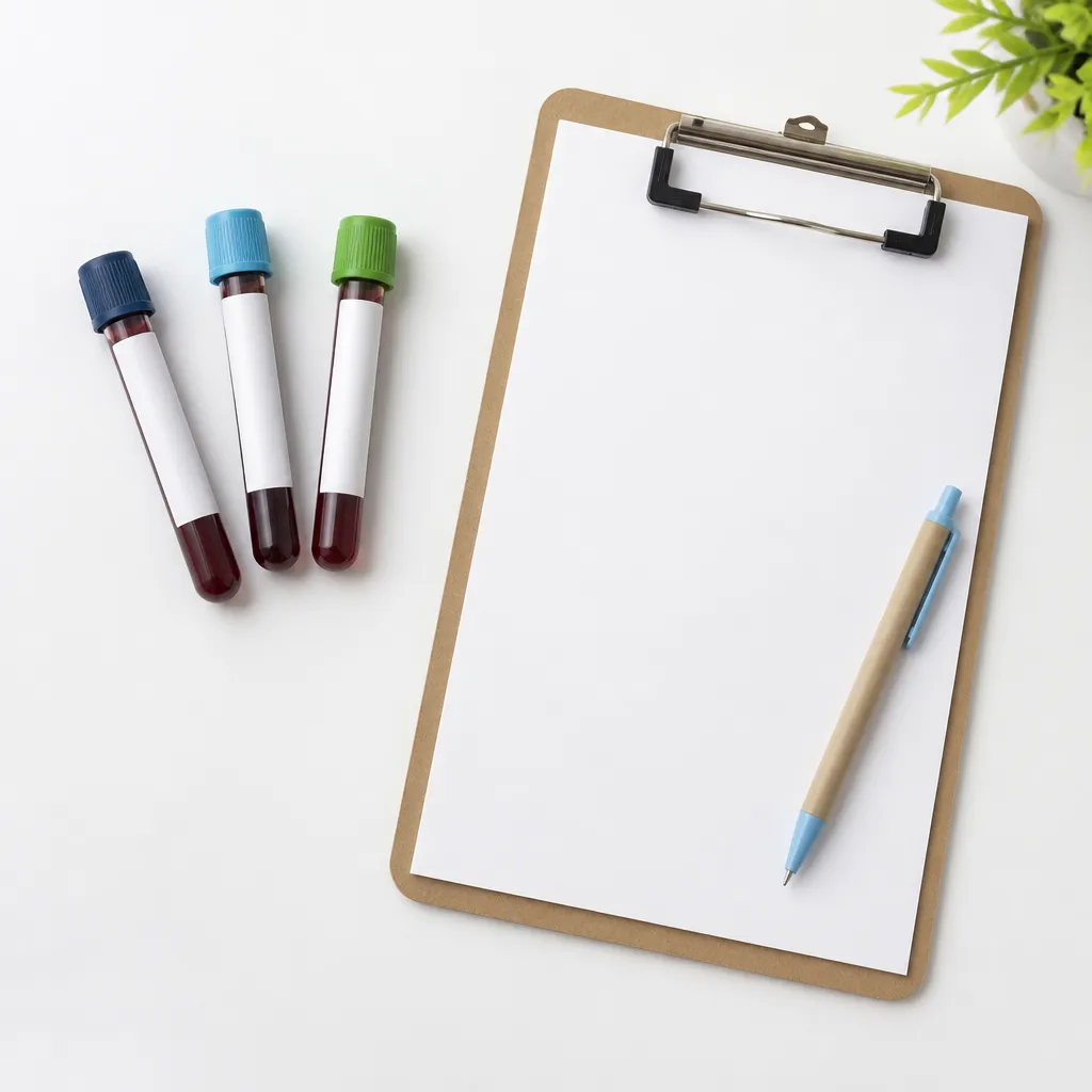 Specimen vials and a requisition clipboard on a clean white surface